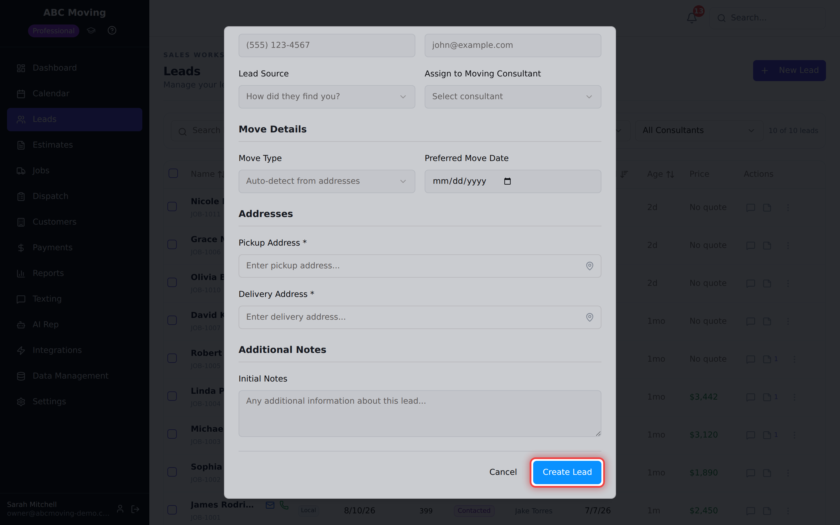 Reelow CRM lead record showing moving customer details and sales activity
