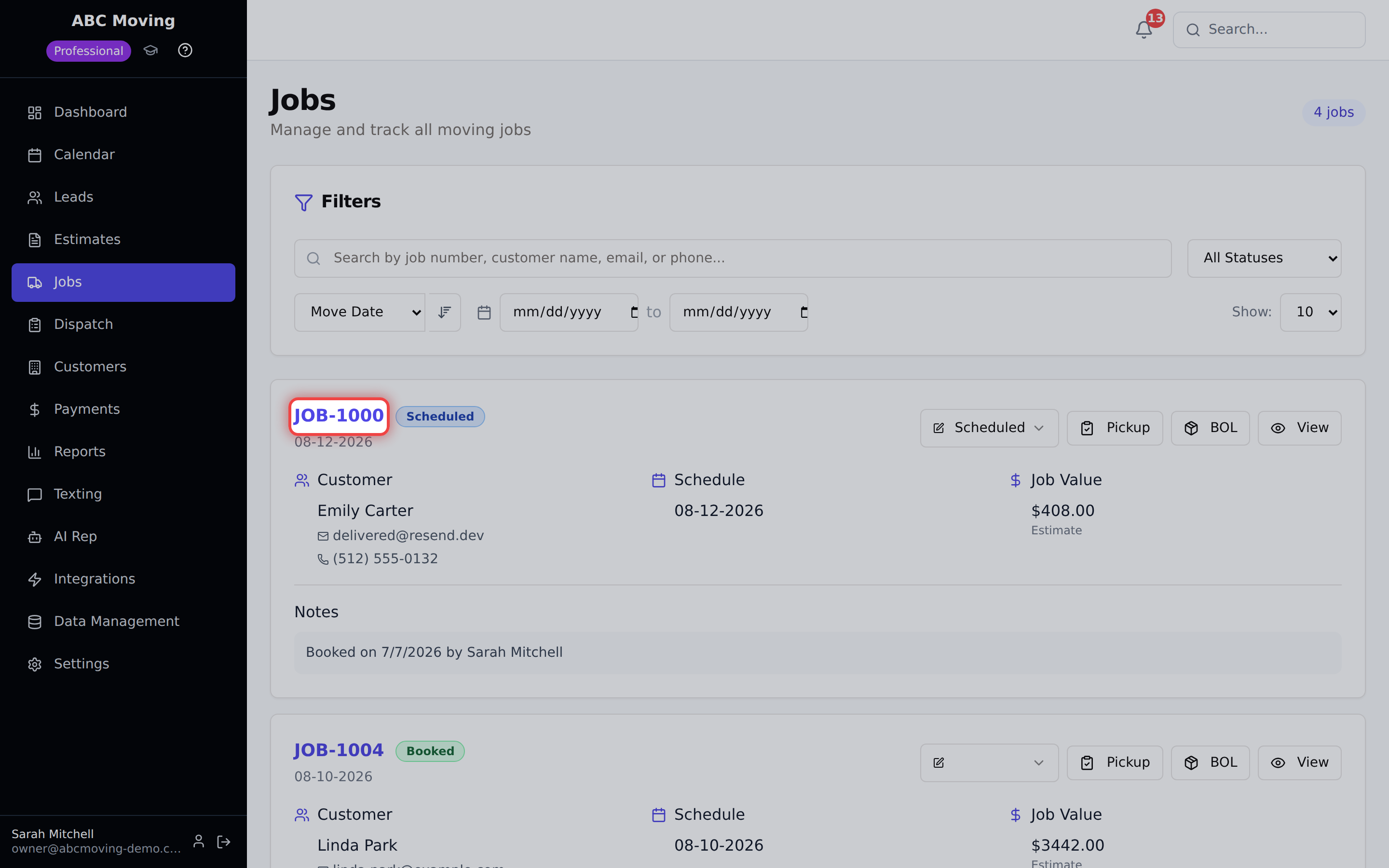 Reelow CRM screen converting a signed moving estimate into a booked job