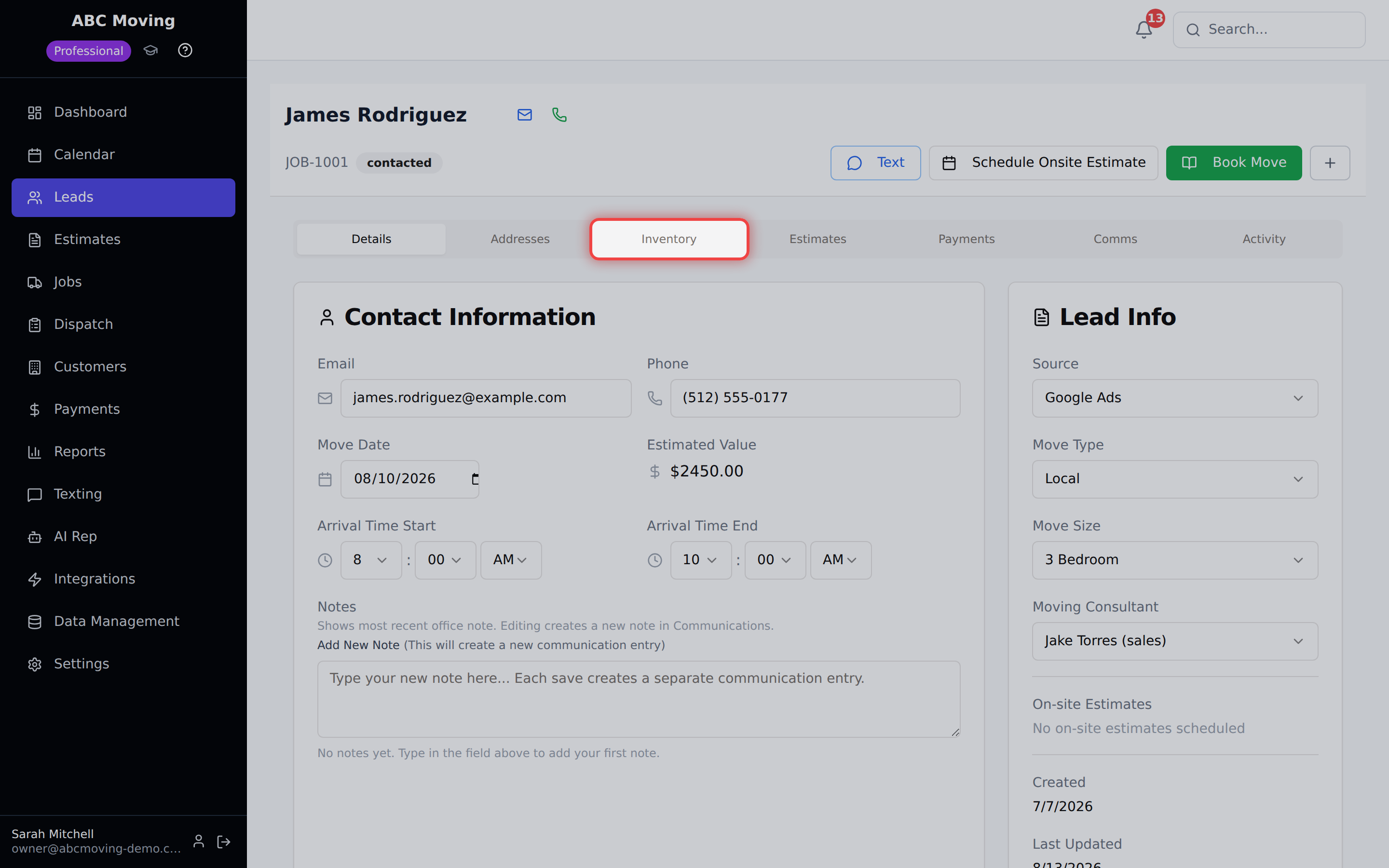 Mobile-friendly Reelow customer inventory collection page for a moving estimate