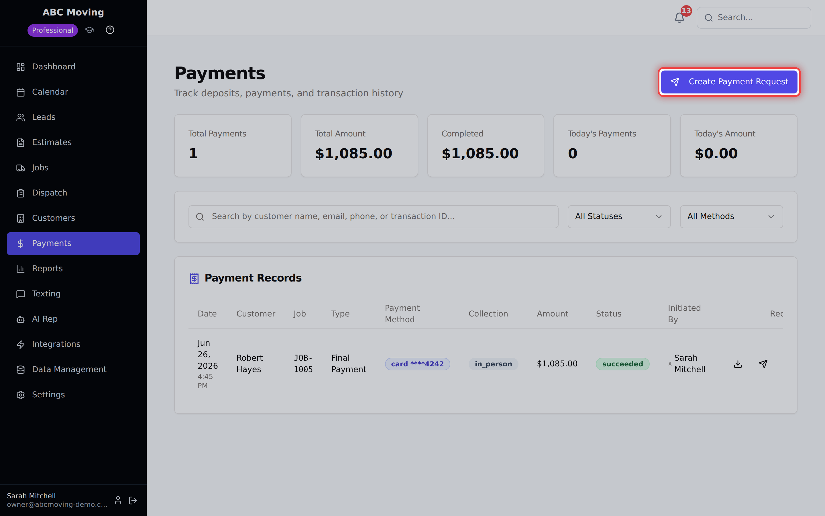 Reelow CRM payment collection screen for a moving company job