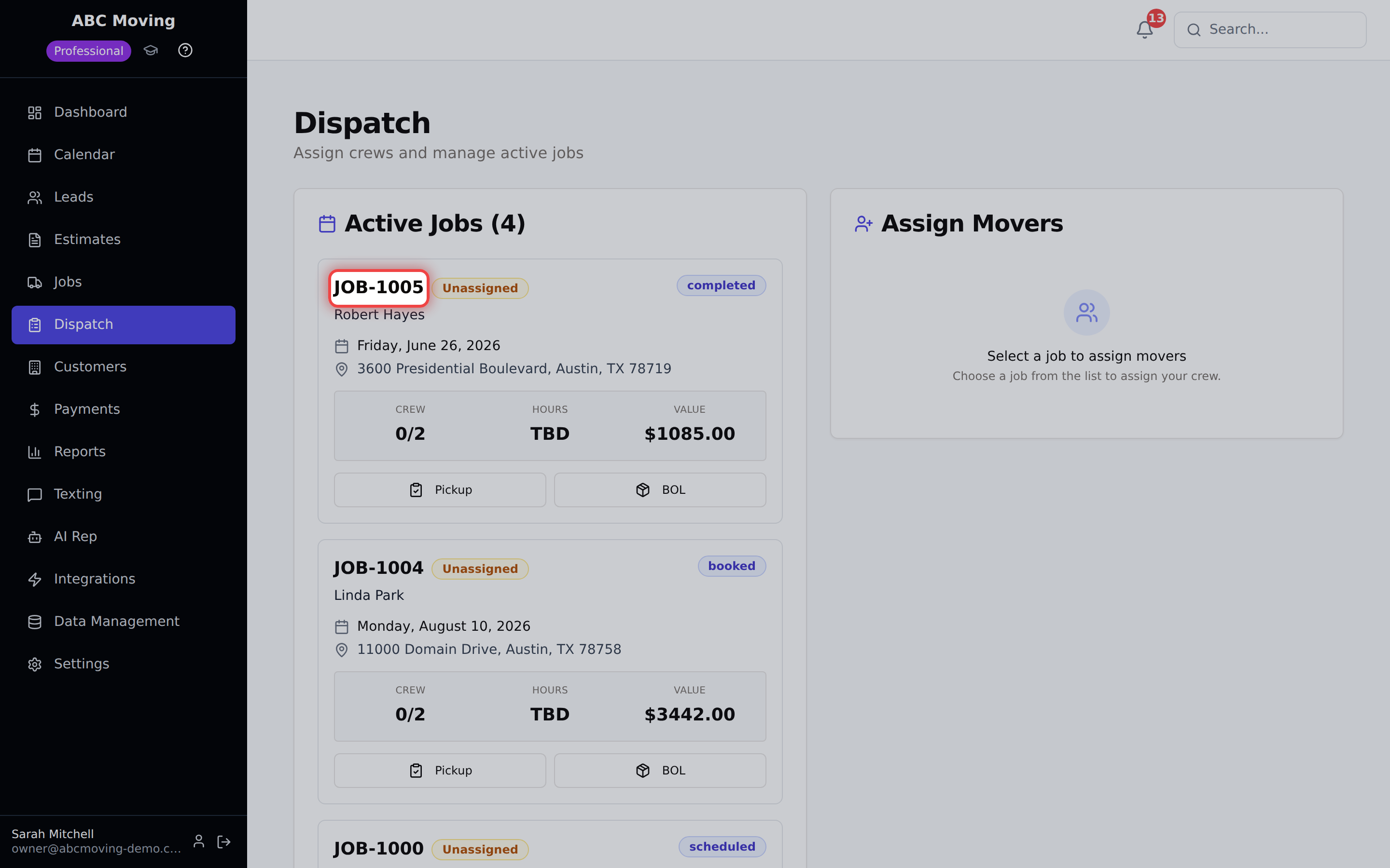 Reelow CRM dispatch view with scheduled moving jobs and route information