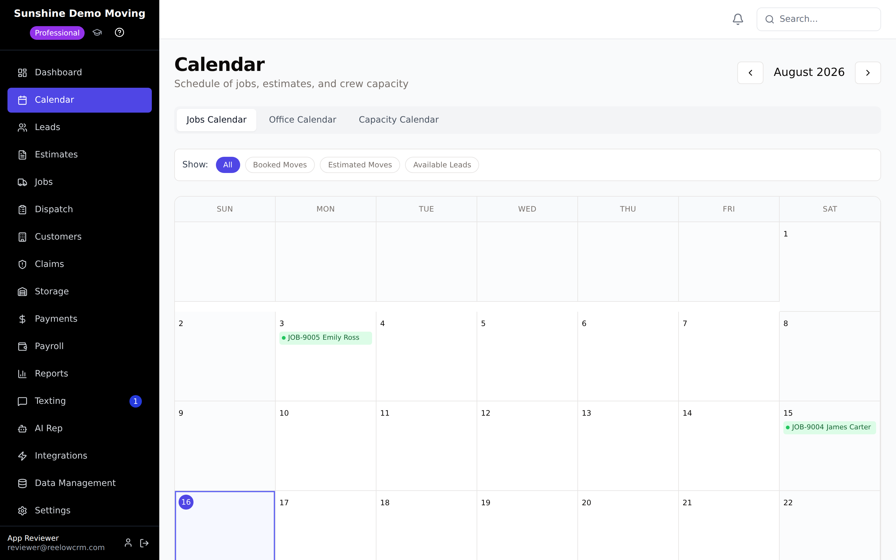 The Reelow calendar showing booked moves laid out by day