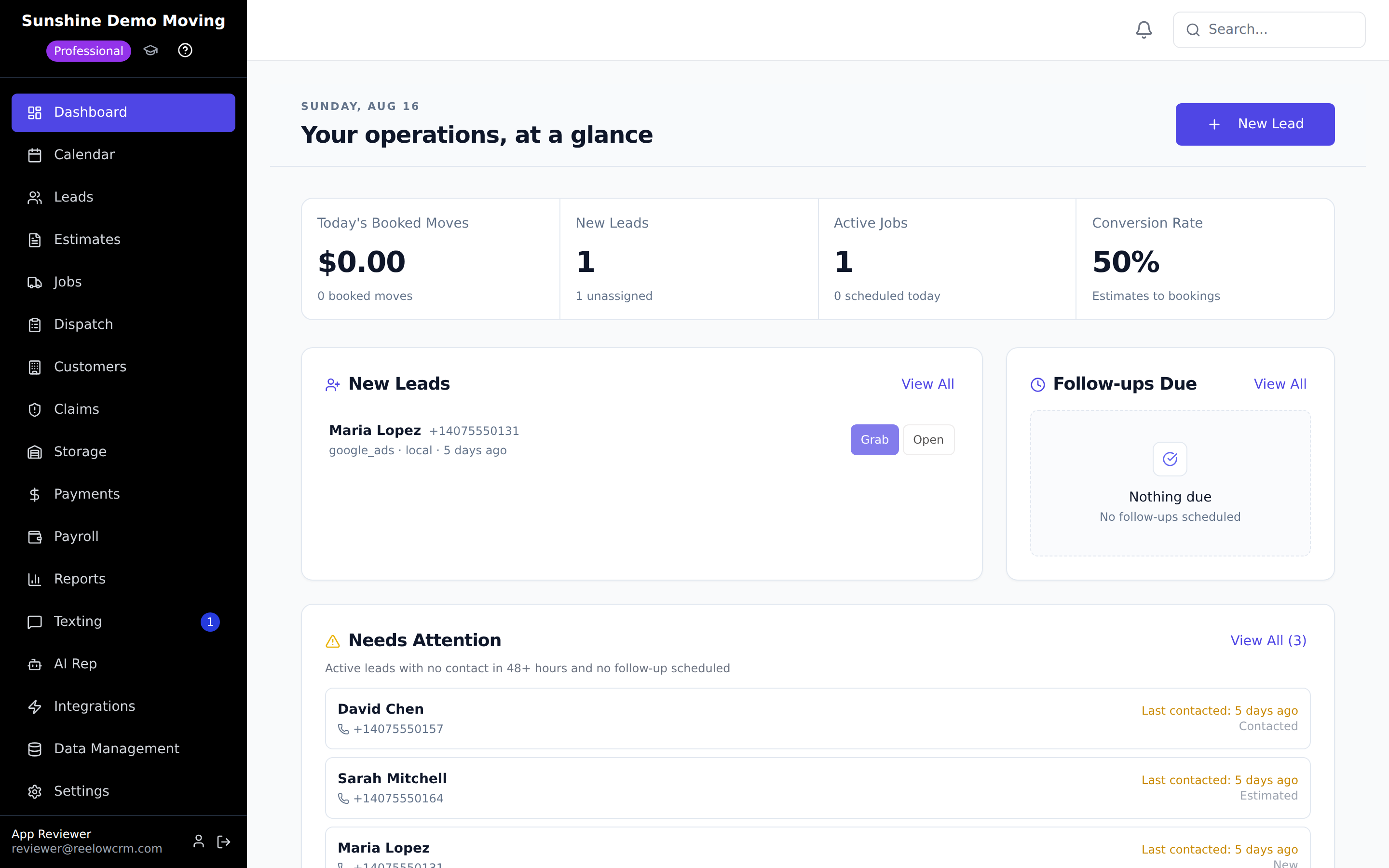 The Reelow dashboard after signing in, with the sidebar navigation on the left and daily overview cards in the main area