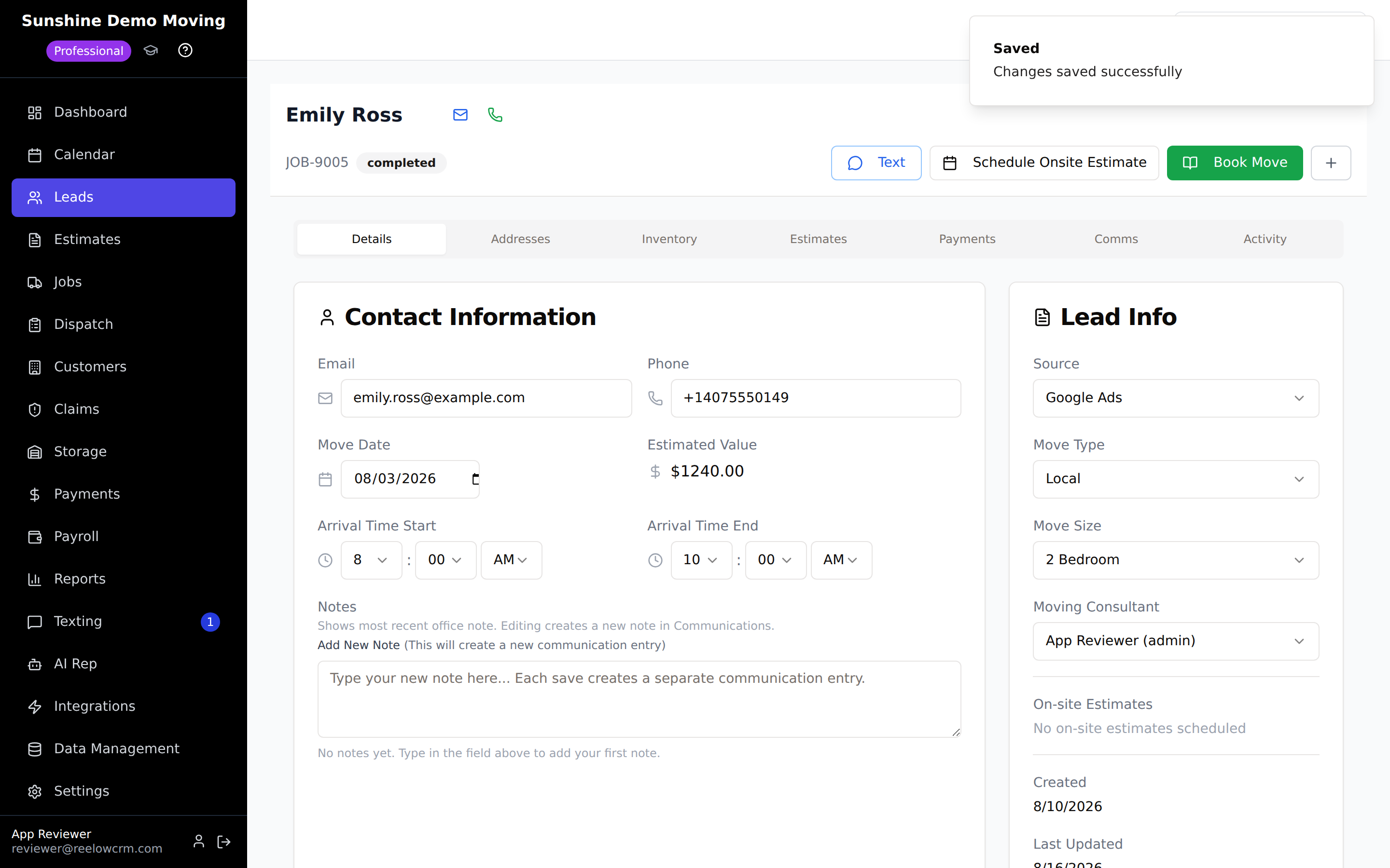 A lead profile in Reelow showing move details, estimate actions and the communication timeline