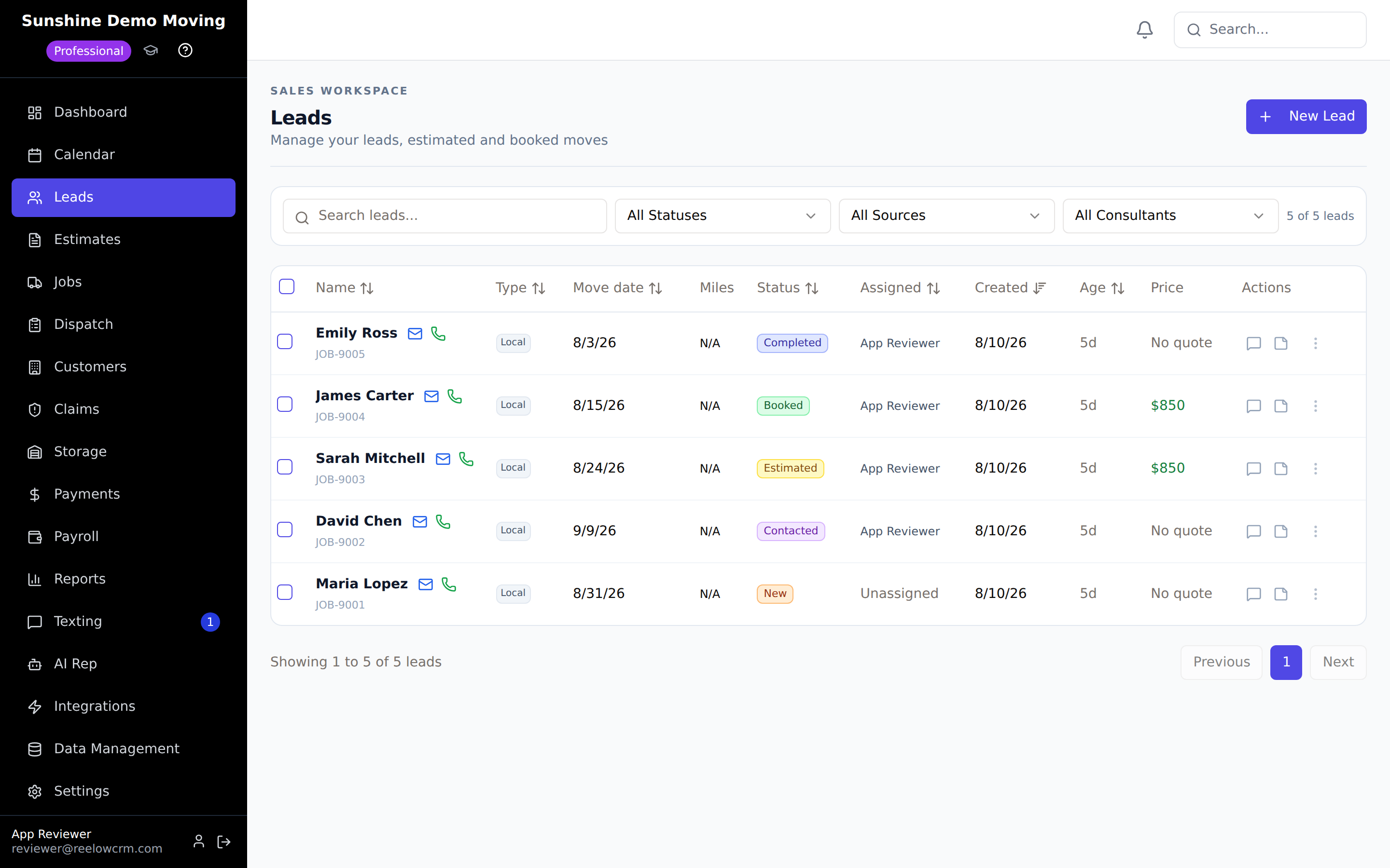 The Reelow Leads screen showing the list of leads with statuses and move dates