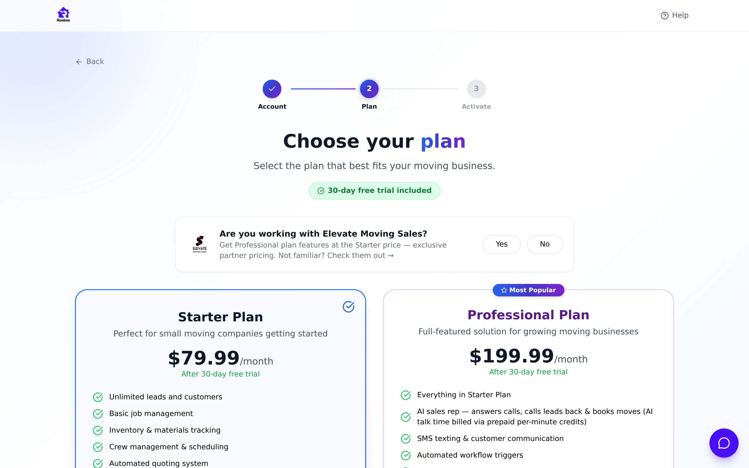 The Reelow plan selection page showing the Elevate partner question and the Starter and Professional plan cards with prices
