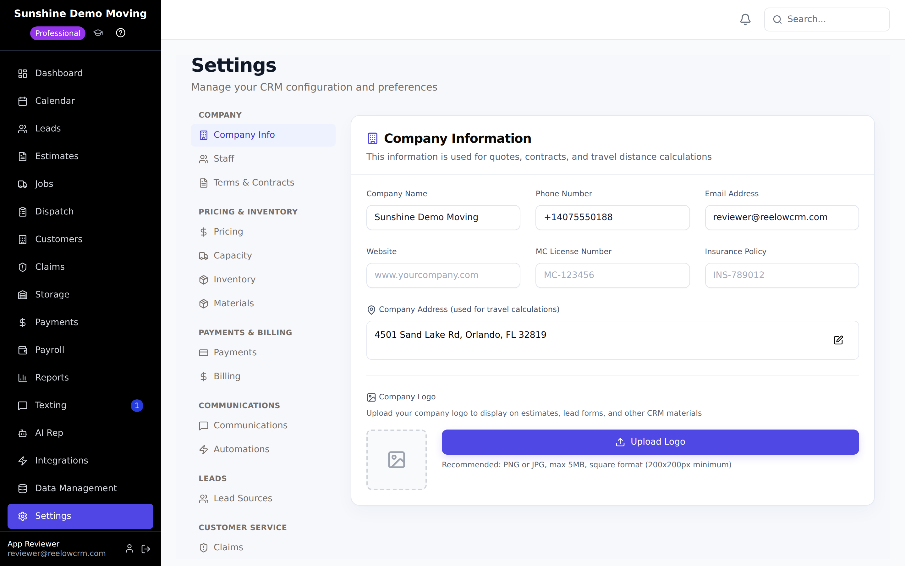 The Company tab in Reelow Settings showing company name, phone, email, website, MC license, insurance, address, and logo upload fields