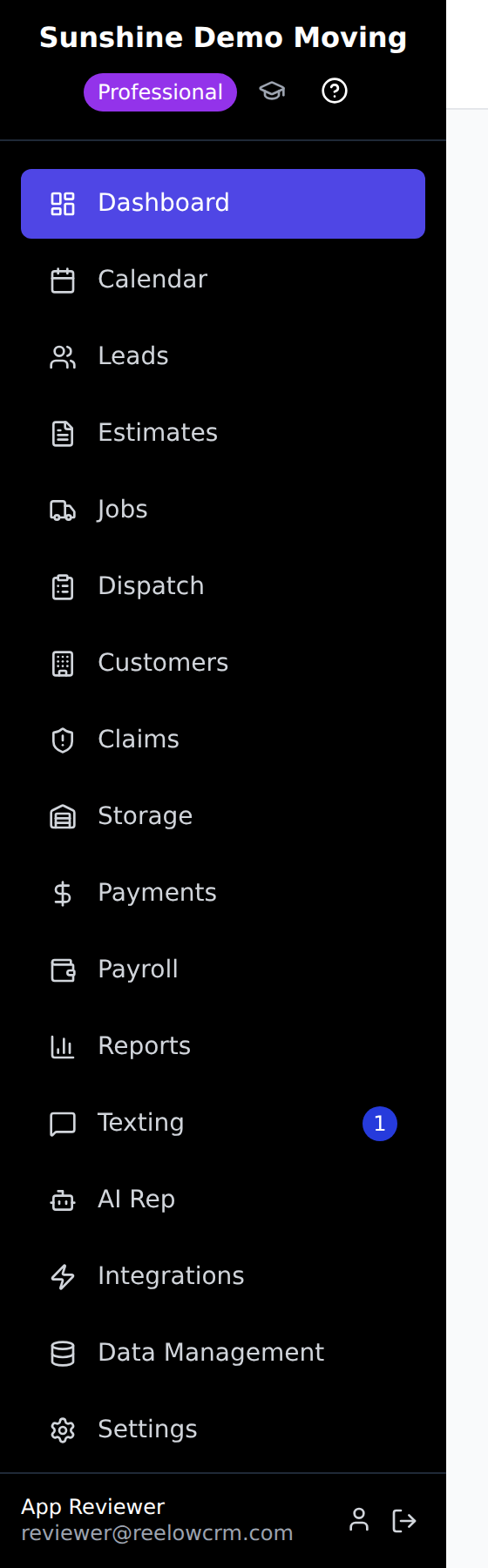 The Reelow sidebar showing Dashboard, Calendar, Leads, Estimates, Jobs, Dispatch, Customers, Claims, Storage, Payments, Payroll, Reports, Texting, AI Rep, Integrations and Settings entries