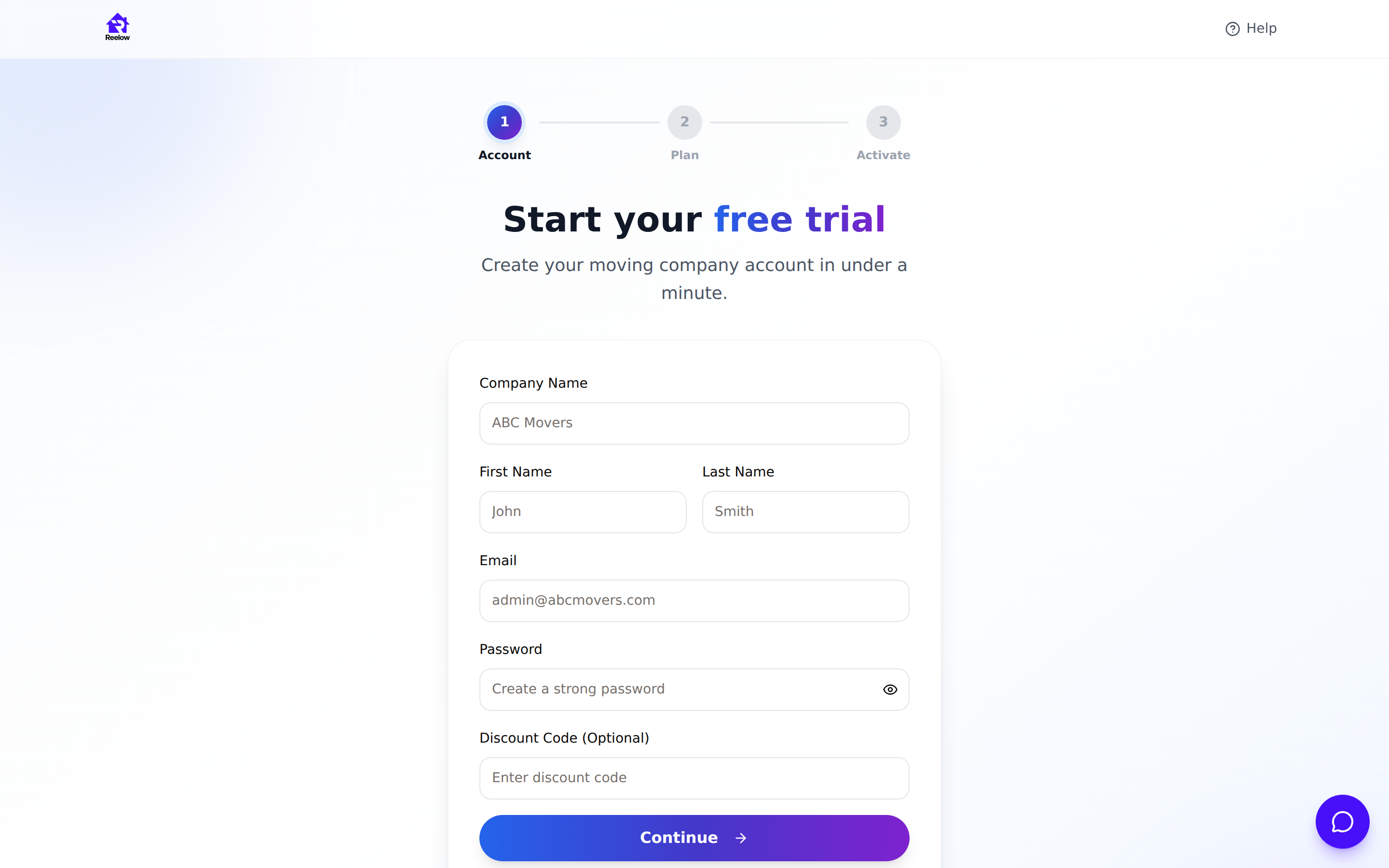 The Reelow company signup form with fields for company name, first name, last name, email, password, and an optional discount code